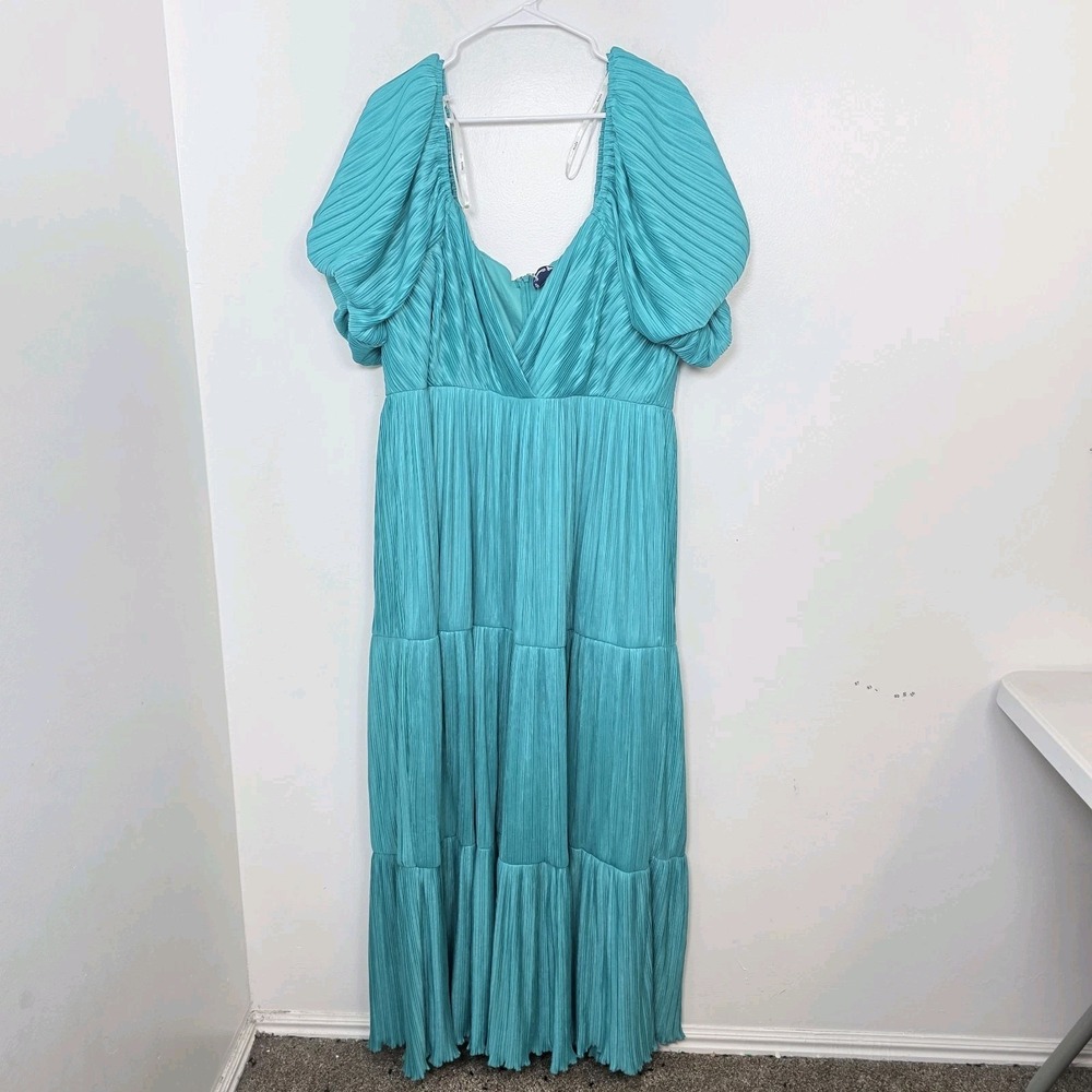 Arula Light Blue Tiered Puff Sleeve Pleated Party Flowy Maxi Dress Size XL